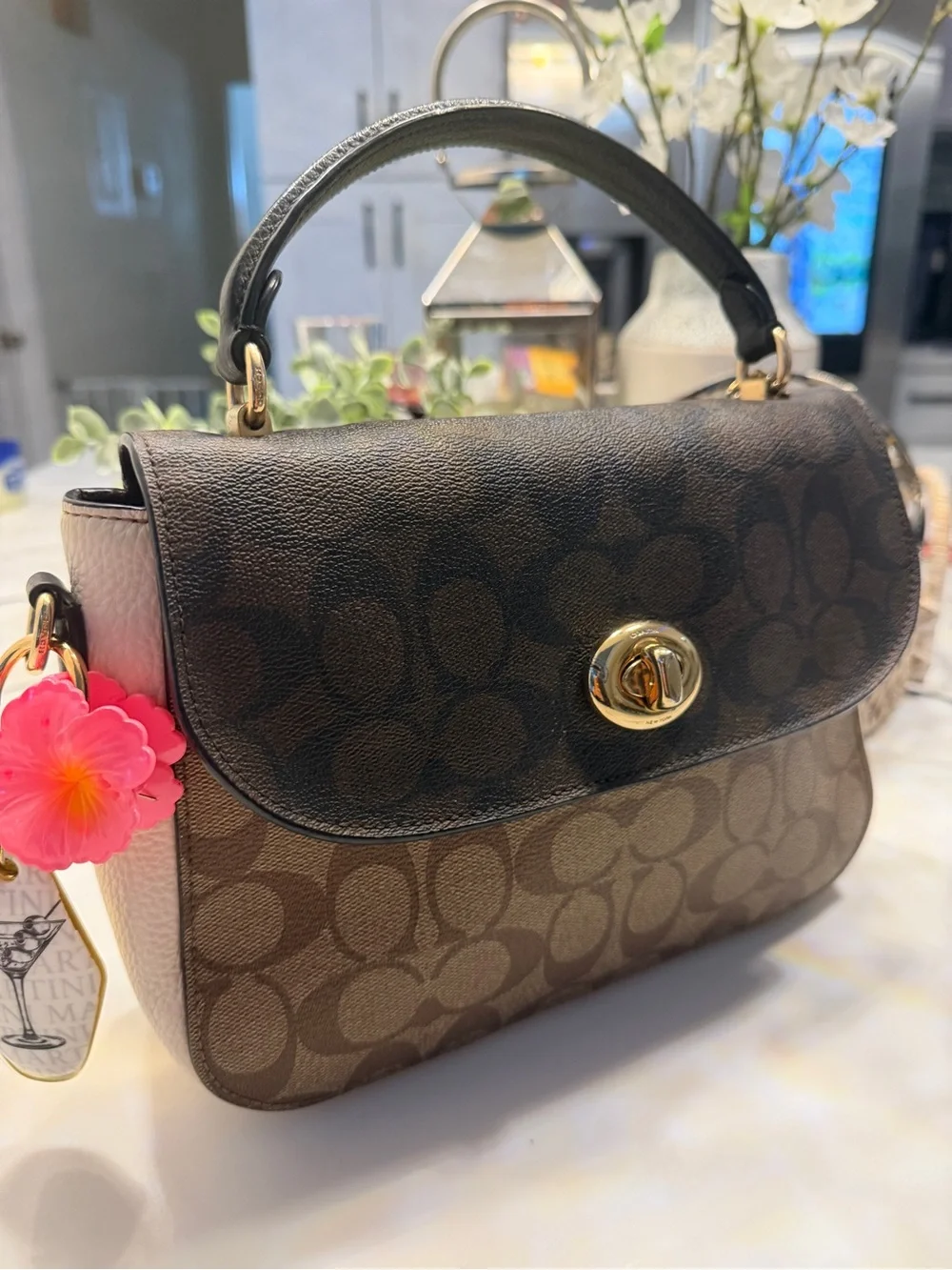Coach Brown Signature Canvas Satchel with Black Flap and Gold Hardware